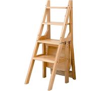 Wooden Folding Library Ladder Chair - 4-Step Convertible Step Stool & Display Stand, Heavy-Duty Pine Wood, 100kg Capacity, for Home, Office, Kitchen, Outdoor(Natural wood)