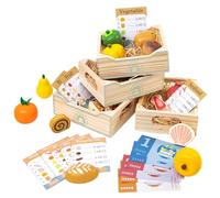 Wooden Food Toys, Wooden Play Food Set 4-Type Cute in Basket Kitchen Toys Imaginary Buying & Selling Montessori for Girls Boys 3+