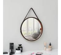 Wooden Frame Wall Mirror with Strap Round Wall Makeup Mirror 30CM Wall Hanging Mirror Decorative Mirror for Living Room Bedroom Bathroom Wall Decoration