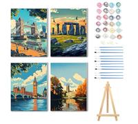 Wooden Framed 4 Pack British Architecture Paint by Numbers Kits for Adults,DIY Painting Kit on Canvas, Color by Numbers Acrylic,Large Adult Paint by Number for Wall Decor and Gifts (Building)
