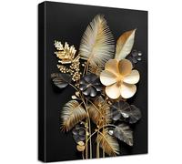 Wooden Framed Canvas Wall Art 3D Black Gold Flowers Painting on Canvas Prints Poster Tropical Coconut Leaves Bouquets Pictures for Living Room Bedroom Home Office Hallway Corridor Wall Decor 30x40cm