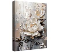 Wooden Framed Canvas Wall Art 3D White Floral Painting on Canvas Prints Poster Beige Gray Rose Blooming Flowers Pictures for Living Room Bedroom Dinning Room Hallway Wall Decoration 40x60cm
