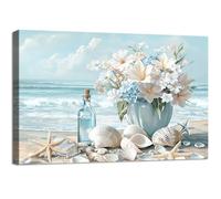 Wooden Framed Canvas Wall Art Blue Ocean Coastal Seascape Painting on Canvas Prints Poster Hydrangea Lilies Flower in Vase Pictures for Living Room Bedroom Home Hallway Corridor Wall Decor 40x60cm