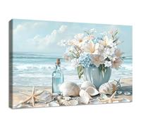 Wooden Framed Canvas Wall Art Blue Ocean Coastal Seascape Painting on Canvas Prints Poster Hydrangea Lilies Flower in Vase Pictures for Living Room Bedroom Home Hallway Corridor Wall Decor 30x40cm