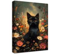 Wooden Framed Canvas Wall Art Cat in Garden Flowers Canvas Print Black Kitten Colorful Flowers Picture Painting Poster Home Office Corridor Living Room Bathroom Bedroom Halloween Wall Decor 40x60cm