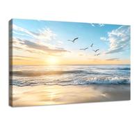 Wooden Framed Canvas Wall Art Coastal Beach Sunset Ocean Waves Painting on Canvas Prints Poster Nature Seascape Pictures for Living Room Bedroom Dinning Room Hallway Wall Decoration 30x40cm