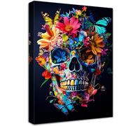 Wooden Framed Canvas Wall Art Colorful Flowers Skull Painting on Canvas Print Poster Chrysanthemum Floral Butterflies Skeleton Black Picture for Living Room Home Corridor Bar Party Wall Decor 30x40cm