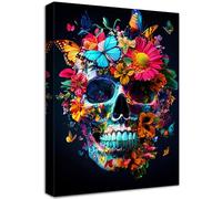 Wooden Framed Canvas Wall Art Colorful Flowers Skull Painting on Canvas Print Poster Floral Butterflies Skeleton Pictures for Living Room Hallway Home Corridor Bar Party Holiday Wall Decor 30x40cm