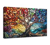 Wooden Framed Canvas Wall Art Colorful Gemstone Glass Tree of Life Painting on Canvas Prints Poster Red Yellow Blue Brown Pictures for Living Room Bedroom Hallway Corridor Bar Wall Decor 30x40cm