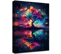 Wooden Framed Canvas Wall Art Colorful Tree of Life Canvas Print Abstract Blue Red Starry Night Scene Picture Painting Poster Home Office Corridor Living Room Bathroom Bedroom Wall Decor 40x60cm