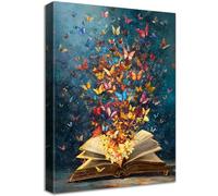 Wooden Framed Canvas Wall Art Colourful Butterfly Book Flower Painting on Canvas Prints Poster Vintage Aesthetic Library Pictures for Living Room Reading Room Hallway Corridor Wall Decor 40x60cm