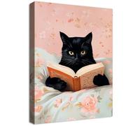Wooden Framed Canvas Wall Art Cute Cats Painting on Canvas Prints Funny Black Cat Reading Books Pictures Wall Decor Pink Vintage Animal Poster Prints for Girls Room Bedroom Kids Room 30x40cm