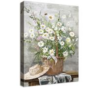 Wooden Framed Canvas Wall Art Daisy Flowers Basket Painting on Canvas Prints Straw Hat Rustic Floral Poster Farmhouse Botanical Pictures for Living Room Bedroom Hallway Corridor Wall Decor 40x60cm