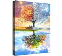 Wooden Framed Canvas Wall Art Four Season Tree of Life Painting on Canvas Prints Poster Blue Sky and White Clouds Pictures for Living Room Bedroom Home Office Hallway Corridor Wall Decor 40x60cm