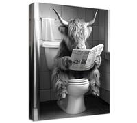 Wooden Framed Canvas Wall Art Funny Bathroom Highland Cow Wall Art Painting on Canvas Prints Poster Cattle Reading Newspaper on the Toilet Pictures for Living Room Hallway Corridor Decor 30x40cm