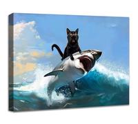 Wooden Framed Canvas Wall Art Funny Black Cat Bathroom Painting on Canvas Prints Animals Humor Poster Quirky Cat Riding Shark Ocean Adventure Pictures for Living Room Toilet Wall Decoration 30x40cm