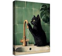 Wooden Framed Canvas Wall Art Funny Black Cat Bathroom Painting on Canvas Prints Poster Green Plants Kitten Cat Reading the Newspaper on Toilet Pictures for Bathroom WC Wall Decoration 30x40cm