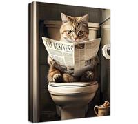 Wooden Framed Canvas Wall Art Funny Cat Bathroom Wall Art Painting on Canvas Prints Poster Kitten Cat Reading the Newspaper on Toilet Pictures for Girls Room Bedroom Kids Room Decor 30x40cm