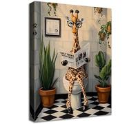 Wooden Framed Canvas Wall Art Funny Giraffe Bathroom Painting on Canvas Prints Animals Humor Poster Giraffe Reading the Newspaper on Toilet Pictures for Bathroom Toilet WC Wall Decoration 30x40cm