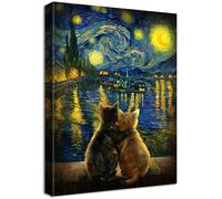 Wooden Framed Canvas Wall Art Funny Hugging Black Cat Painting on Canvas Prints Impressionism Poster Van Gogh Starry Night Over the Rhone Pictures for Living Room Bedroom Hallway Wall Decor 30x40cm