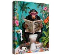 Wooden Framed Canvas Wall Art Funny Monkey Bathroom Painting on Canvas Prints Animals Humor Poster Monkey Reading the Newspaper on Toilet Pictures for Bathroom Toilet WC Wall Decoration 30x40cm