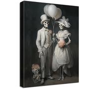Wooden Framed Canvas Wall Art Halloween Bride and Groom Painting on Canvas Prints Poster Black White Skeleton Wedding Photos Pictures for Living Room Dining Room Bar Hallway Wall Decor 30x40cm