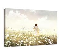 Wooden Framed Canvas Wall Art Jesus Holding The Lost Lamb Painting on Canvas Prints Jesus Leaves the 99 Sheep Poster Christian Wildflowers Pictures for Living Room Bedroom Hallway Wall Decor 30x40cm