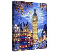 Wooden Framed Canvas Wall Art London City Big Ben Red Bus View Painting on Canvas Prints Poster Blue Yellow Red Pictures for Living Room Bedroom Home Office Hallway Corridor Wall Decor 40x60cm