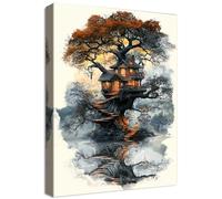Wooden Framed Canvas Wall Art Mystic Forest Treehouse Painting on Canvas Prints Poster Darkness Vintage Grey Brown Pictures for Living Room Bedroom Home Office Hallway Corridor Wall Decor 30x40cm