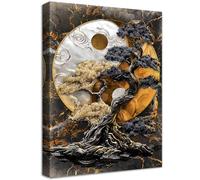 Wooden Framed Canvas Wall Art Qian Kun Yin Yang Tree Painting on Canvas Prints Poster Black Brown Silver Marble Cameo Pictures for Living Room Bedroom Home Office Hallway Corridor Wall Decor 30x40cm