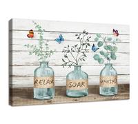 Wooden Framed Canvas Wall Art Relax Soak Unwind Eucalyptus Butterfly Canvas Print Bathroom Picture Painting Poster Farmhouse Wall Decor Home Office Gallery Bedroom Decorations Ready To Hang 40x60cm