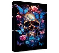 Wooden Framed Canvas Wall Art Rose Flowers and Skull Canvas Print Blue Butterfly Gold Skeleton Picture Painting Poster Home Office Gallery Corridor Bathroom Bedroom Wall Decor Ready To Hang 30x40cm