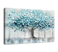 Wooden Framed Canvas Wall Art Teal Blue Tree of Life Painting on Canvas Prints Large Panoramic Landscape Poster Abstract Textured Pictures for Living Room Bedroom Hallway Stairs Wall Decor 40x60cm