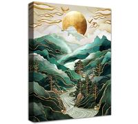Wooden Framed Canvas Wall Art Tokyo Sunrise Painting on Canvas Print Poster Green Mountains Rivers and Forest Trees Pictures for Living Room Bedroom Home Office Hallway Corridor Wall Decor 30x40cm