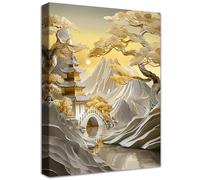 Wooden Framed Canvas Wall Art Tokyo White Mountains Trees Painting on Canvas Print Poster Gold Lofts Bridge River Pictures for Living Room Bedroom Home Office Hallway Corridor Wall Decor 40x60cm