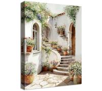 Wooden Framed Canvas Wall Art Vintage Italy Town Painting on Canvas Prints Poster Mediterranean Garden Stairs Flowers Pictures for Living Room Bedroom Dinning Room Hallway Wall Decoration 30x40cm