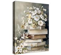 Wooden Framed Canvas Wall Art Vintage White Floral Flower Books Painting on Canvas Prints Poster Dark Academia Aesthetic Pictures for Living Room Bedroom Hallway Corridor Shop Bar Decor 30x40cm