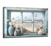 Wooden Framed Canvas Wall Art Window View Coastal Beach Painting on Canvas Prints Jasmine Flower in Vase Butterfly Poster Rustic Floral Pictures for Living Room Bedroom Hallway Wall Decor 40x60cm