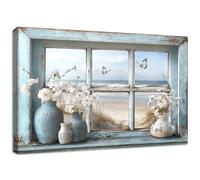 Wooden Framed Canvas Wall Art Window View Coastal Beach Painting on Canvas Prints Jasmine Flower in Vase Butterfly Poster Rustic Floral Pictures for Living Room Bedroom Hallway Wall Decor 30x40cm
