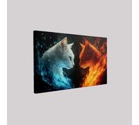 Wooden Framed Cat Water and Fire Elements Canvas Wall Art 40 x 30 cm Anime Style Print Picture Modern Decoration for Living Room Bedroom Office