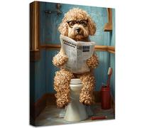 Wooden Framed Funny Bathroom Canvas Wall Art Poodle On Toilet Reading Newspaper Painting on Canvas Prints Poster Humor Animal Pictures for Living Room Bedroom Home Hallway Corridor Wall Decor 40x60cm