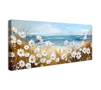 Wooden Framed Large Canvas Wall Art Blue Ocean Sea Wave Painting on Canvas Prints Poster White Daisy Flowers Pictures for Living Room Bedroom Restaurant Beach Coastal Seascape Wall Decor 50x120cm