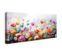 Wooden Framed Large Canvas Wall Art Blue Sky Daisy Flowers Painting on Canvas Prints Poster Colorful Flower Sea Pictures for Living Room Bedroom Restaurant Abstract Aesthetic Wall Decor 50x120cm