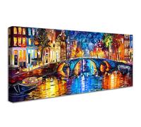 Wooden Framed Large Canvas Wall Art Bridges at Night Abstract Painting on Canvas Prints Poster Colourful Street Lights Pictures for Living Room Bedroom Dinning Room Restaurant Wall Decor 50x120cm