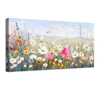 Wooden Framed Large Canvas Wall Art Colourful Wildflowers Painting Floral Flower Field Grass Canvas Prints Blue Sky White Clouds Landscape Pictures for Living Room Bedroom Wall Decoration 50x100cm