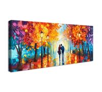 Wooden Framed Large Canvas Wall Art Couple Walking in the Park Painting on Canvas Prints Poster Yellow Orange Purple Pictures for Living Room Bedroom Restaurant Abstract Landscape Wall Decor 50x120cm