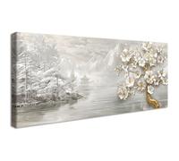 Wooden Framed Large Canvas Wall Art Grey White Landscape Painting on Canvas Prints Poster White Magnolia Flower Wall Decor Gold Floral Tree Pictures for Living Room Bedroom Restaurant 50x120cm
