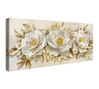 Wooden Framed Large Canvas Wall Art Luxurious White Peonies Gold Leaves Painting on Canvas Prints Poster Blooming Flowers Beige Pictures for Living Room Bedroom Restaurant Wall Decor 50x120cm