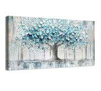 Wooden Framed Large Canvas Wall Art Teal Blue Tree of Life Painting Abstract Large Panoramic Landscape Canvas Prints Pictures for Living Room Bedroom Home Office Wall Decorations 50x100cm/20x40 inch