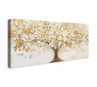 Wooden Framed Large Canvas Wall Art White Flowers Gold Leaves Tree Painting on Canvas Prints Poster Autumn Abstract Flowering Tree of Life Pictures for Living Room Bedroom Wall Decoration 50x120cm